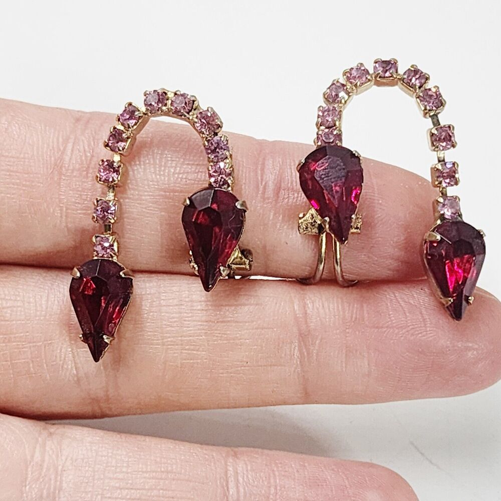 Vintage Unique Rhinestone Climber Clip On Earrings Dangle Ruby Red Pink Prong